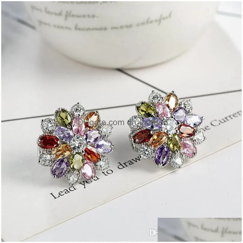 luckyshine trendy women ear clip colorful cubic zirconia cz flower 4 color 925 sterling silver plated earrings 3 pair/lot 