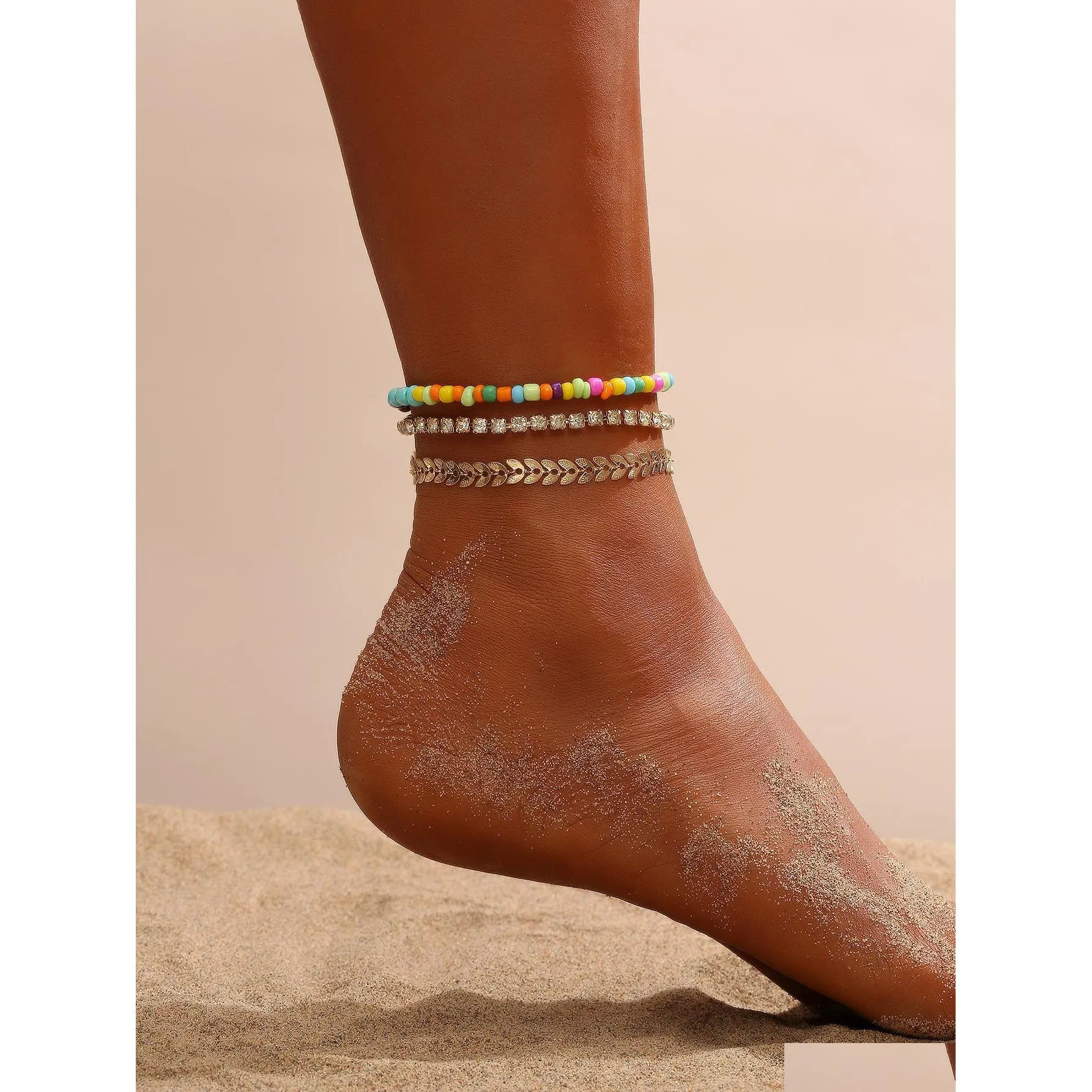 fashion jewelry vintage colorful beaded chain metal anklet set for woman rhinestone beads beach anklet 3pcs/set