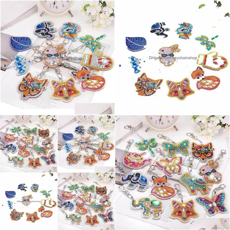 5pcs different animal style diamond painting key rings silver plated metal fashion keychain women jewelry