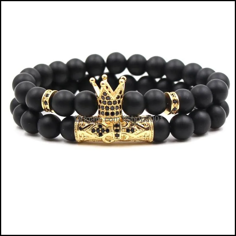 2pcs/set natural lava stone man classic matte black zircon bracelets small crown beaded bracelet q59fz
