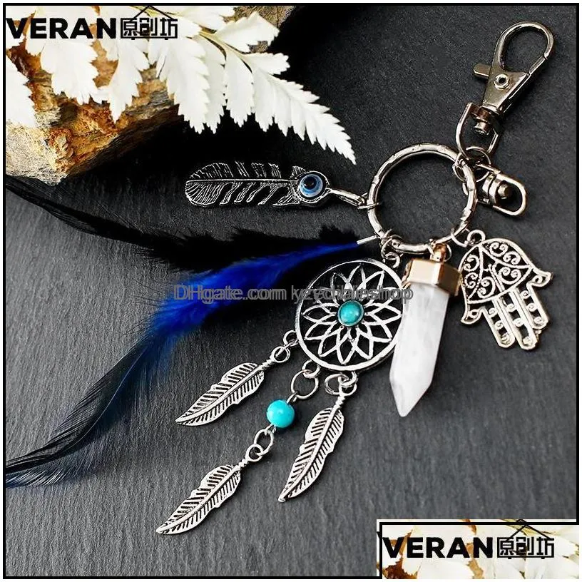 key rings dream catcher keychains blue feather tassel hamsa hand evil eye keyring for wall car hanging decor amet boho jewelry 599 q