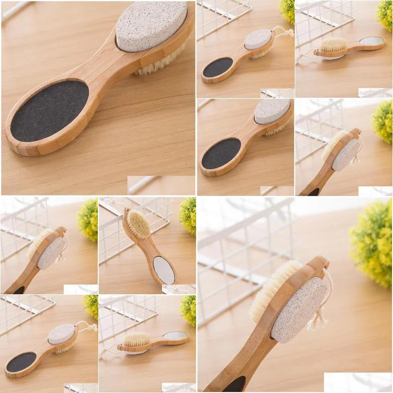 foot brush pumice stone rasp file exfoliating stone bamboo handle pedicure tool 4 in 1 multifunctional foot scrub