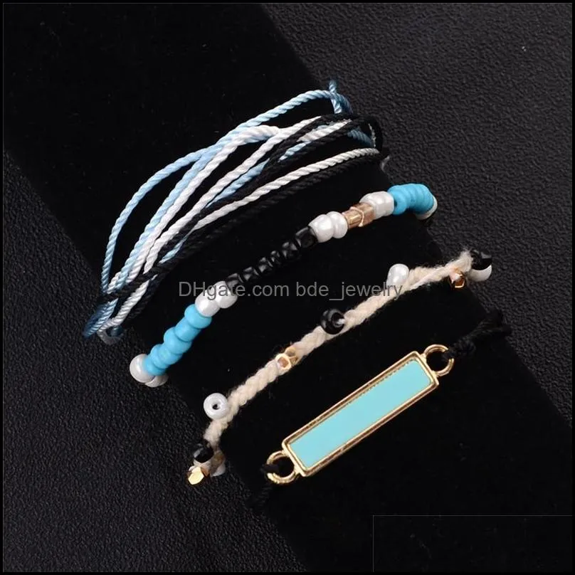 4 pcs set bohemia beach wax rope bracelets set handmade square charms blue seed bead friendship bracelet wax string chain bracelets