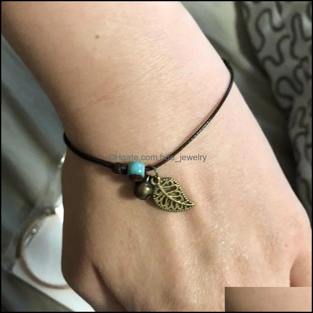 2018 fashion ceramic beaded bracelet anklet bohemian vintage leaves pendant wax rope chain bracelet ornament unisex couples jewelry