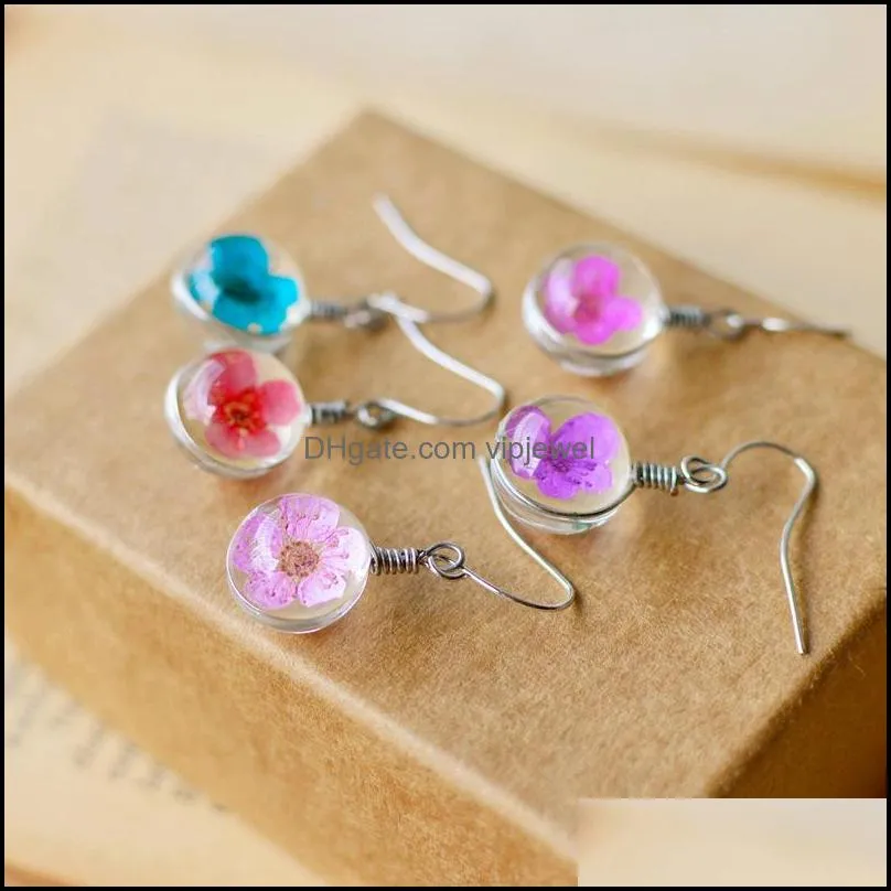 dandelion dried flowers earrings 6 colors real daffodils flower earring glass ball pressed dangle earing jewelry gift wholesale