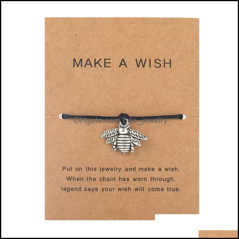 adjustable rope bracelet lucky black string make a wish paper card love tree elephant charm bracelets jewelry gift for women men