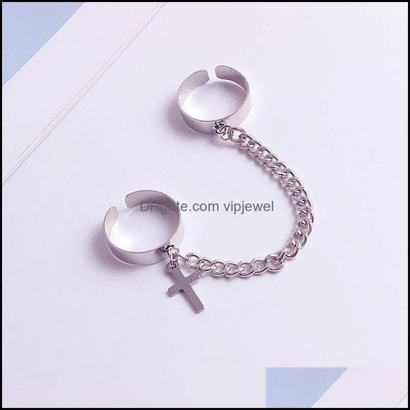 retro punk hip hop cross ring finger chain adjustable two link rings jewelry gift mens women gothic jewelry