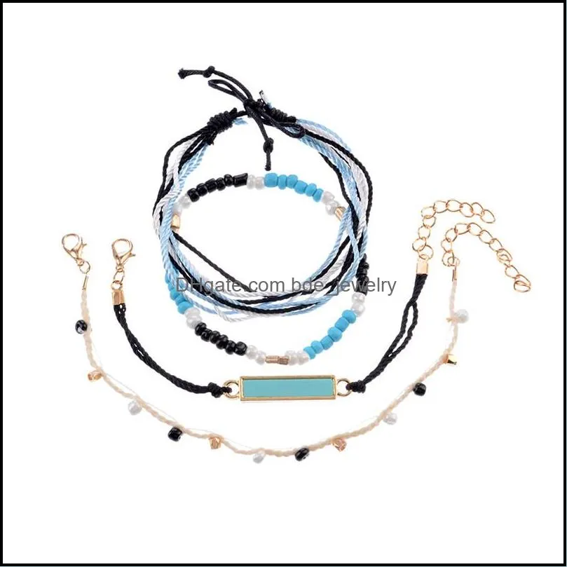 4 pcs set bohemia beach wax rope bracelets set handmade square charms blue seed bead friendship bracelet wax string chain bracelets