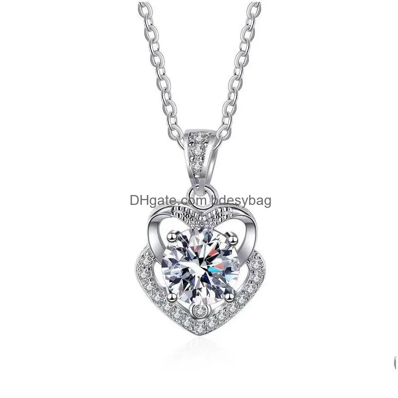 pendant necklaces trendy s925 silver 1ct d color vvs1 moissanite double heart necklace for women plated white gold diamond test