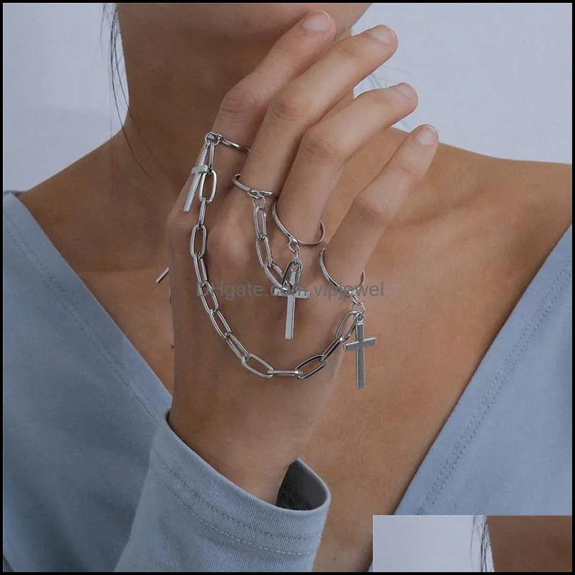 retro punk hip hop cross ring finger chain adjustable two link rings jewelry gift mens women gothic jewelry