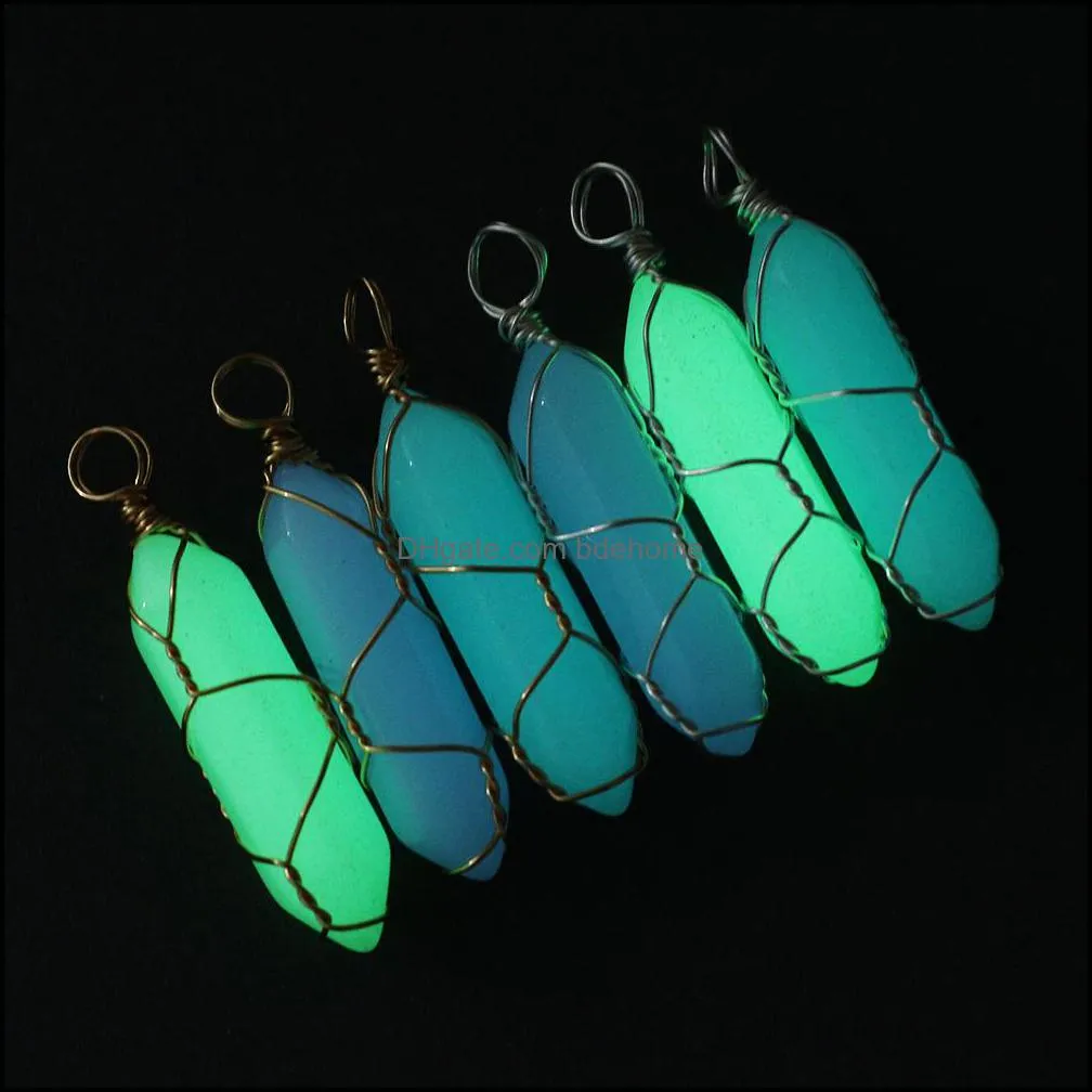 wire wrap pendant necklace dark luminous natural stone fluorescent hexagonal column necklace glowing in dark jewelry