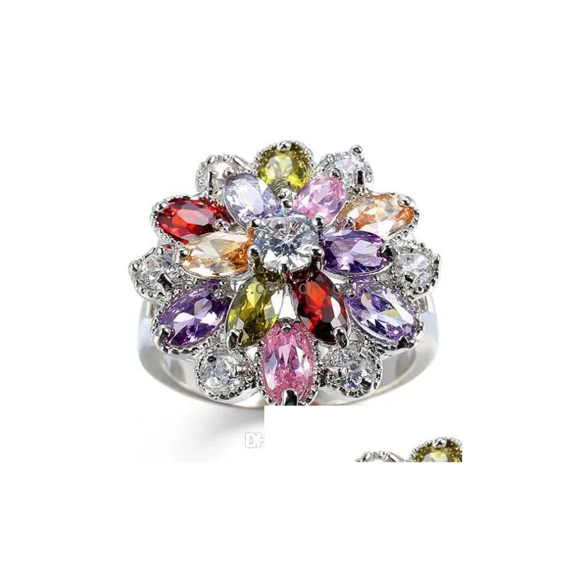 luckyshine flower rings rainbow zircon rings 925 silver for women weddings party rings jewelry full 