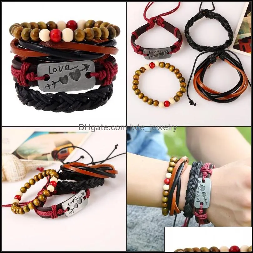 4pcs/set retro leather bracelets for women and men an arrow through a heart beads multilayer bracelets set charm couple jewelry