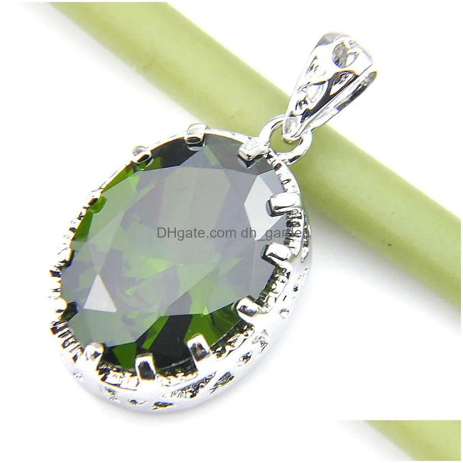 luckyshine fashion attractive jewelry oval green olive stone gems pendants 925 silver for women necklace pendant jewelry 1