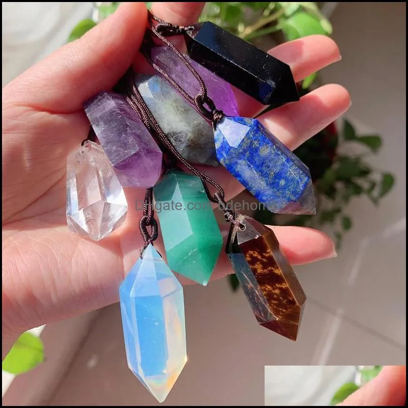 hexagonal point big bullet pendulum quartz stone crystal necklace amulet natural amethysts obsidian lapis opal pendant necklace