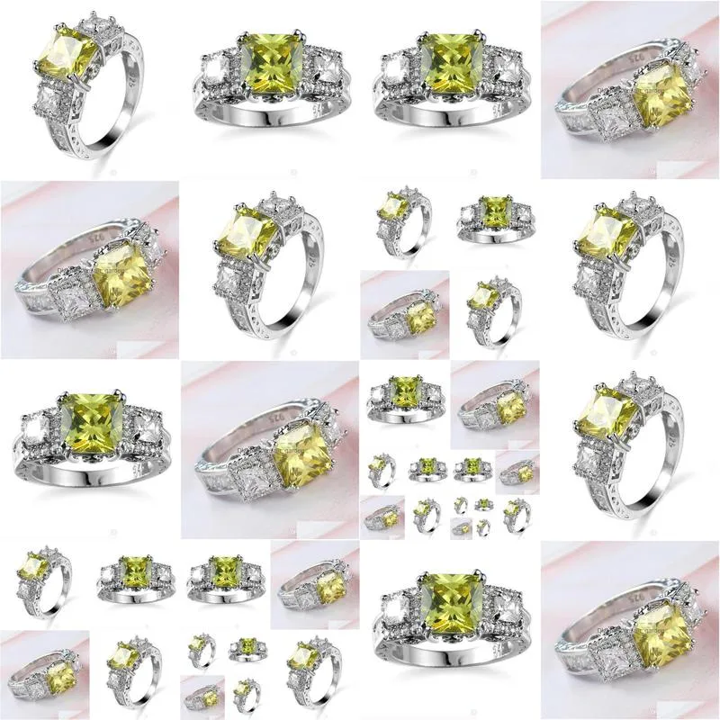 10 pieces 1 lot luckyshine bright square peridot crystal cubic zirconia 925 sterling silver crown rings sets women christmas holiday