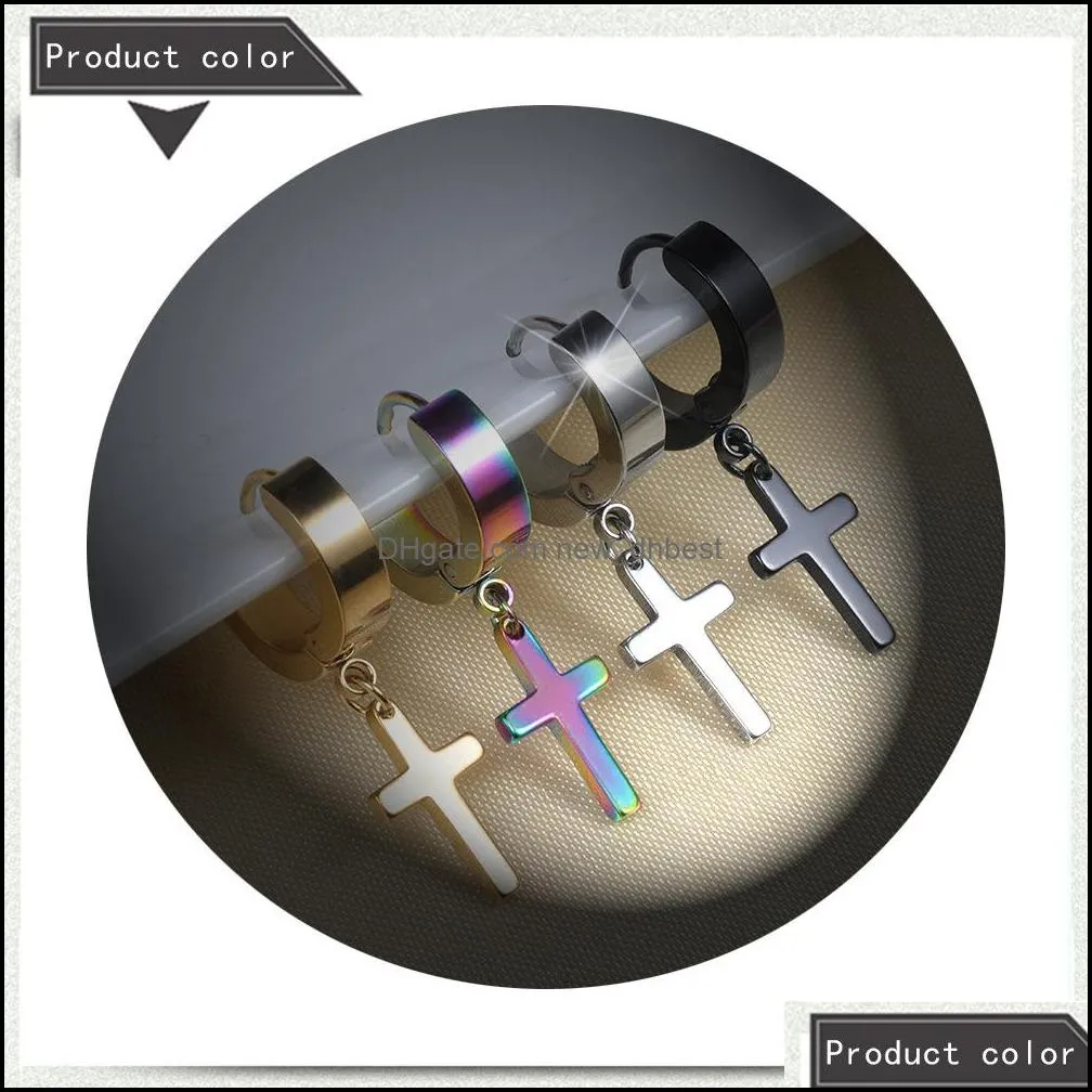 4 color punk stainless steel hypoallergenic cross dangle earrings men fake piercing clip on hoop drop earring for women fashion jewelry