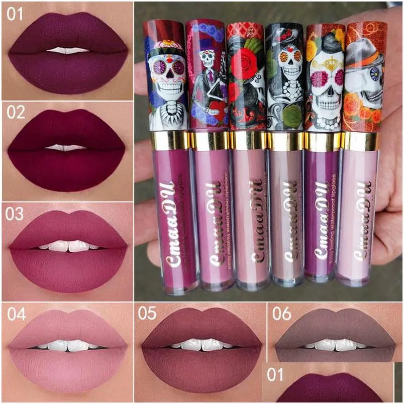 cmaadu waterproof long last lip gloss vampire style matte metal pearlescent skull design natural nutritious makeup lipgloss wholesale