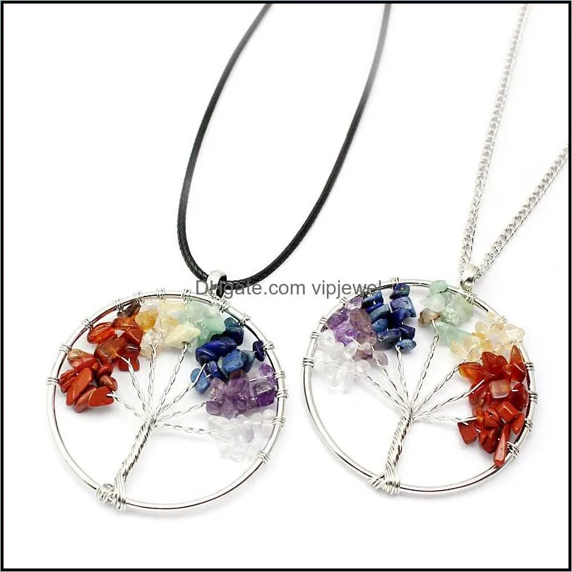 tree of life quartz pendant necklace rainbow 7 chakra multicolor natural stone wisdom tree leather chain necklace for girls