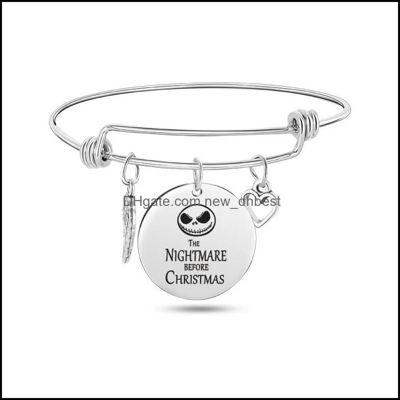 nightmare before christmas bracelets for women men skull round disc charm stainless steel expandable wire bangle fashion jewelry gift