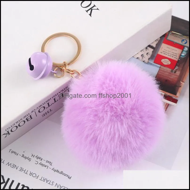 creative bell pompom key rings for lady fluffy plush keychains faux rabbit fur ball keyfobs holder fashion accessories p153fa