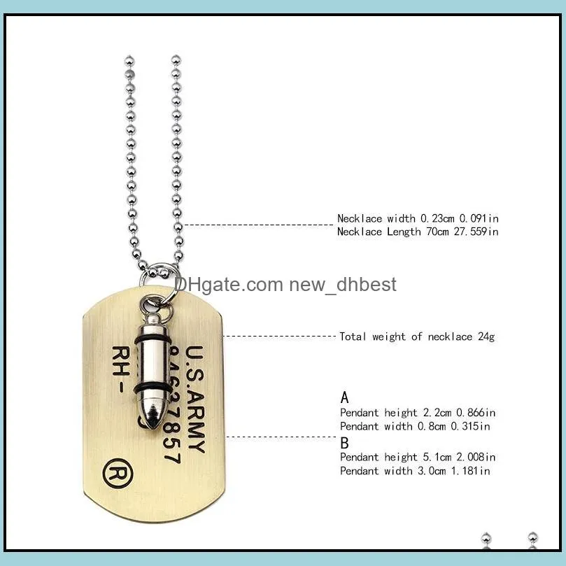 mens bullet head pendant necklaces 3 colors usa army military card charm bead chains for women rapper hip hop jewelry