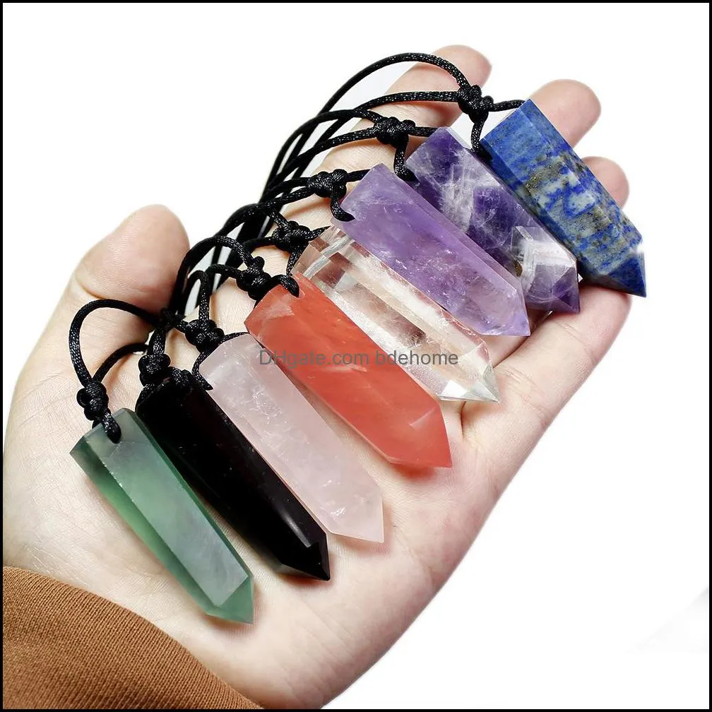 big bullet pendulum natural stone crystal quartz necklace amulet hexagonal point amethysts fluorite lapis agat pendant necklace