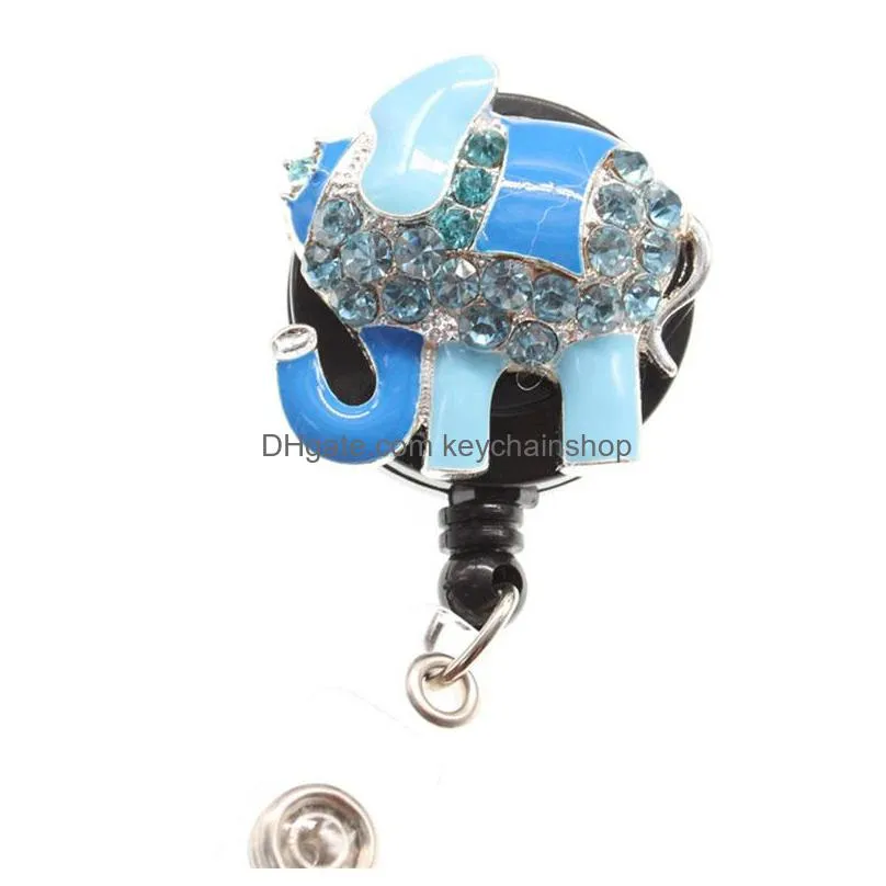 wholesale key rings mix lovely kids silver multicolour rhinestone elephant aniaml retractable id badge reel holder for nurse