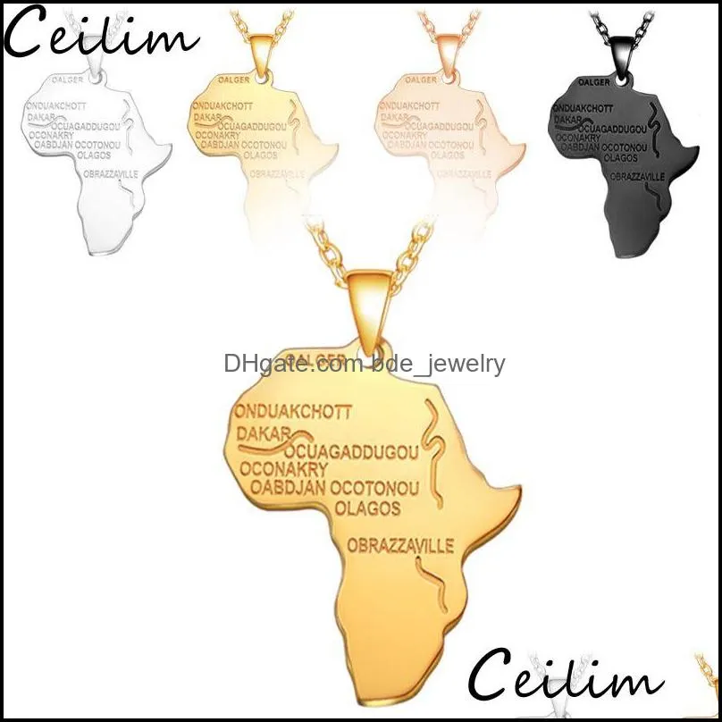 stainless steel africa map necklace gold color pendant chain african map hiphop necklace gifts for men women 4 colors ethiopian