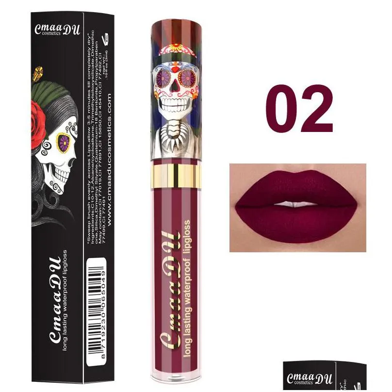 cmaadu waterproof long last lip gloss vampire style matte metal pearlescent skull design natural nutritious makeup lipgloss wholesale