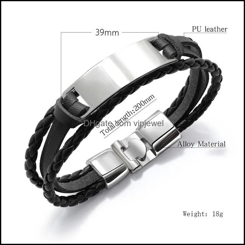 personalized engraved chain bracelets for men women stainless steel tag layered genuine leather bangle braided black bracelet hand