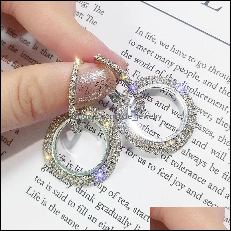 high fashion round geometric rhinestone shiny dangle earrings for women handmade gold copper hoop earring with steel pin jewelry gift