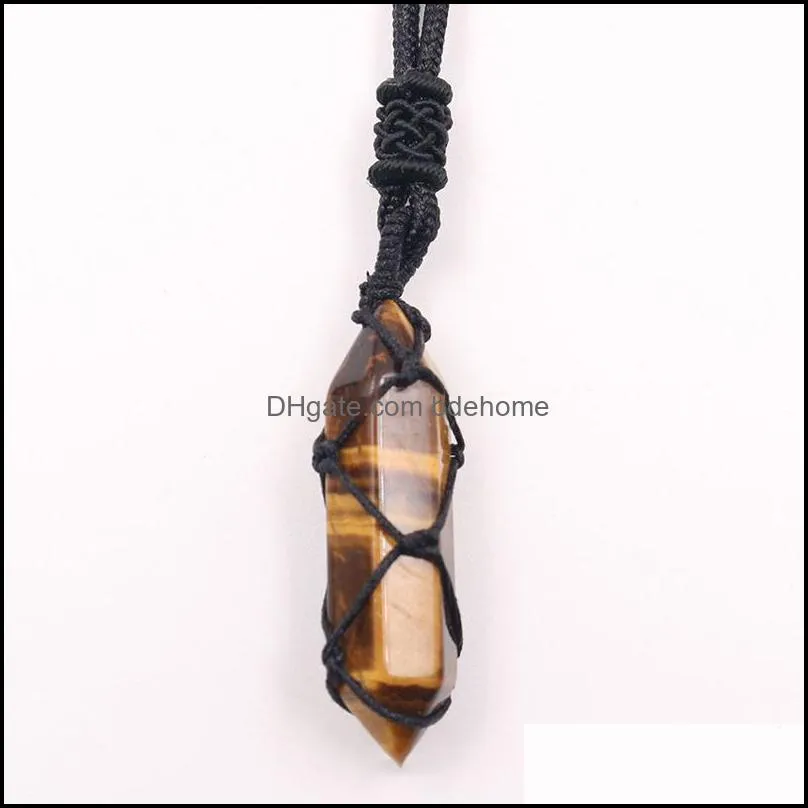 rope wrap natural stone necklace pink quartz aventurine amethysts point hexagonal crystal pendulum pendant necklaces for women