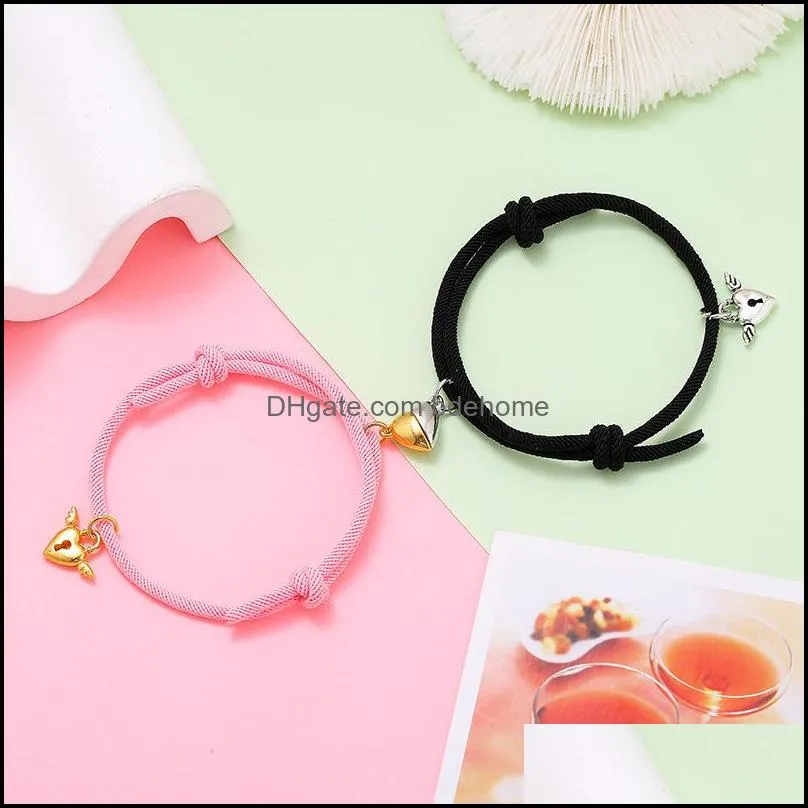 2pcs heart magnet attract couple bracelet lock key pendant love jewelry adjustable braided rope bangle for women and men