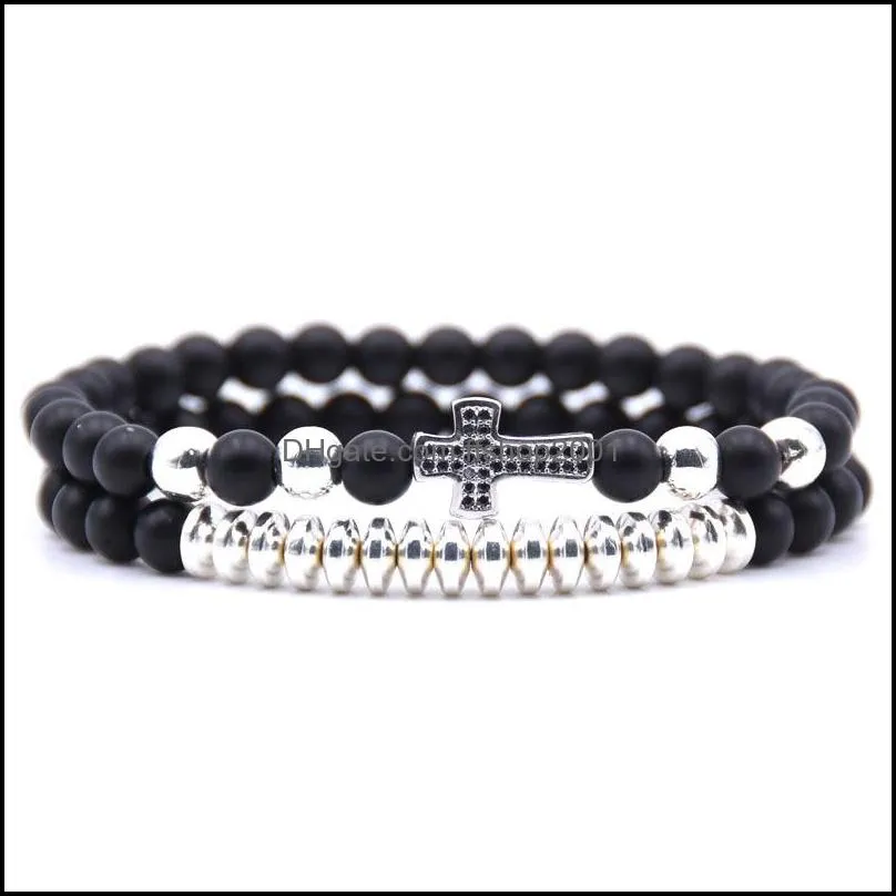 natural stone black matte bracelets bangle yoga beads 2pcs/set fashion cross elastic bracelet for women men jewelry dhs