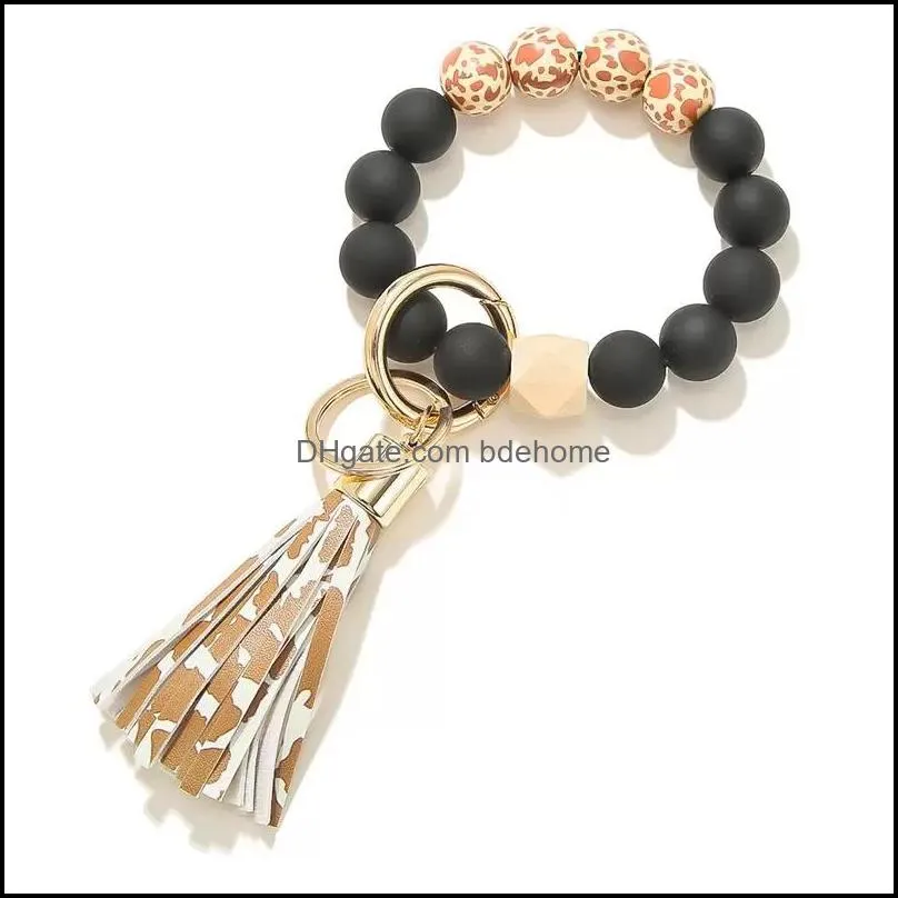 black frosted wooden bead bracelet keychain fashion pattern tassel pendant bracelets women girl keyring wrist strap c3