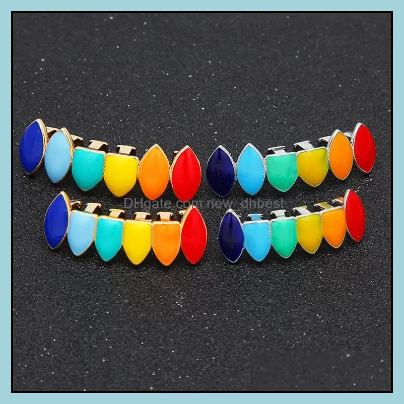 hip hop rainbow teeth grillz top bottom fale grills dental gold silver tooth caps for women men halloween body jewerly with box