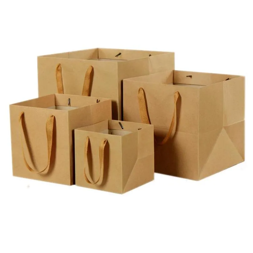 brown kraft flowers paper packing bags square paper bag with handle flowers packing bag in stock