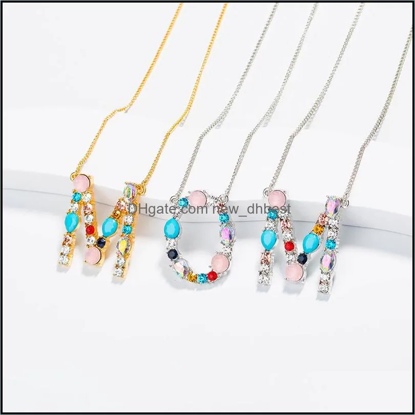 26 letters initial designer necklace for women rainbow cubic zirconia cz diamond alphabet pendant gold silver chains disc jewelry