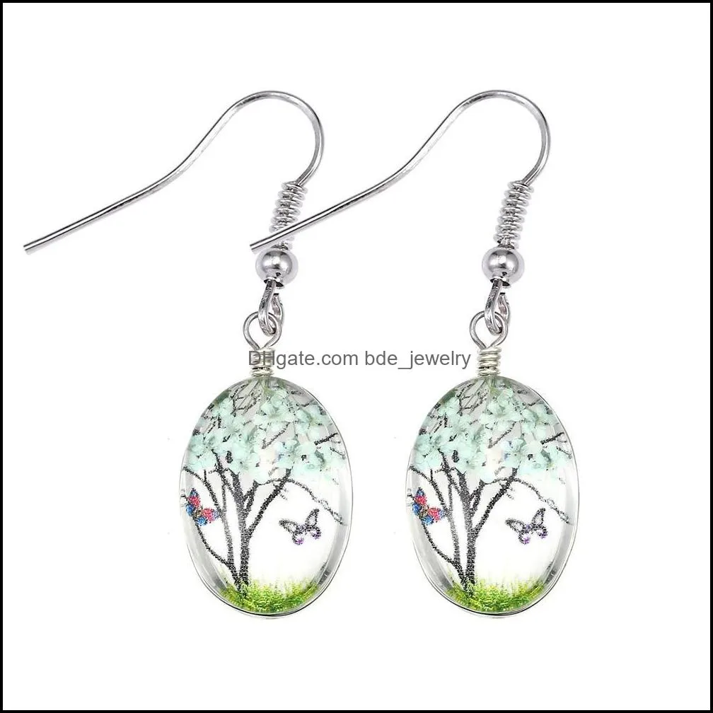 fashion dry flower dangle earring fashion dried flowers earrings glass oval ball tree of life drop earing creative jewelry gift