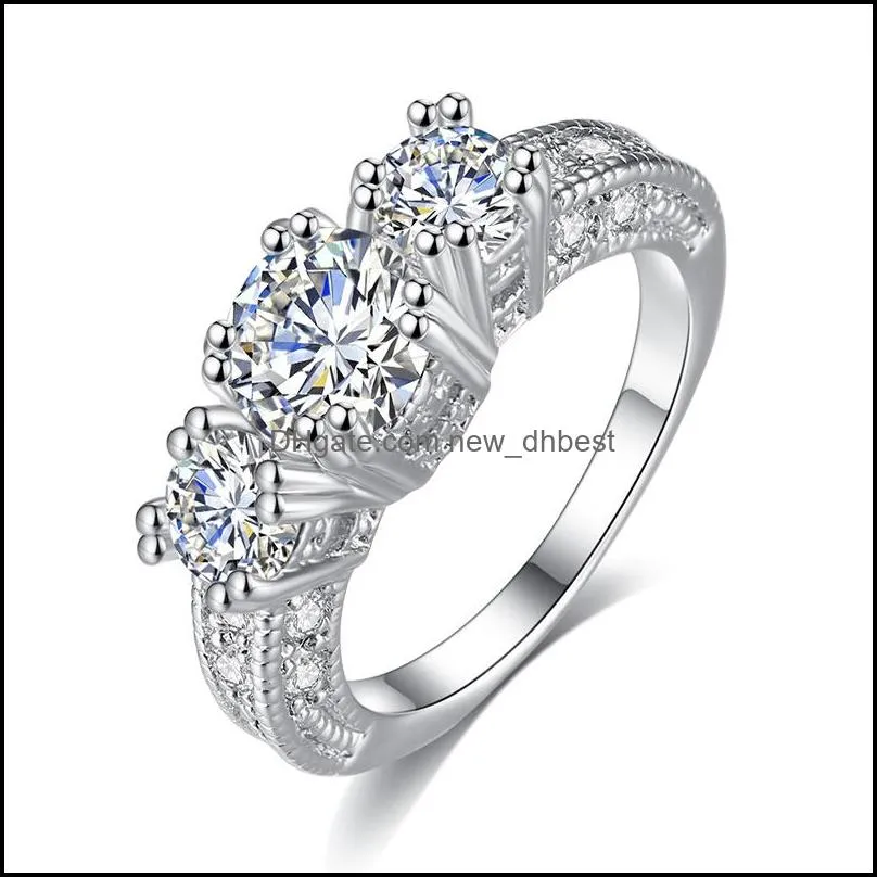 luxury cubic zirconia gemstone rings three cz stone gold silver plated wedding diamond ring for women ladies engagement jewelry