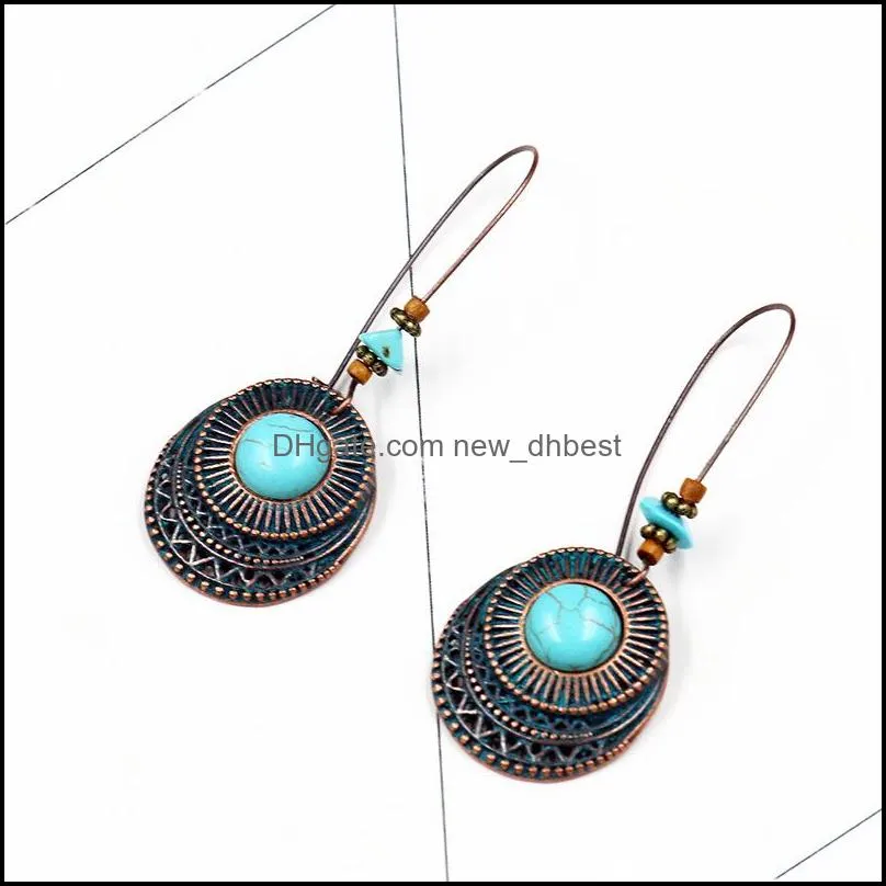  arrival vintage hollow earrings antique round blue stone pendant hollow enamel flower dangle earrings jewelry for women