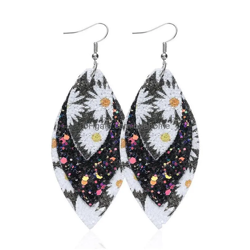 fashion jewelry multilayer sequined pu leather earrings daisy print faux leather dangle earrings