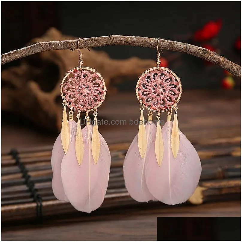 bohemian fashion jewelry for women handmade vintage dreamcatcher earrings feather tassel dangle earrings