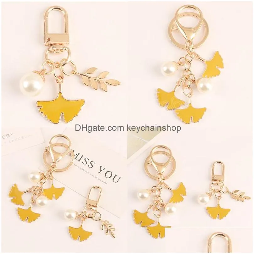 imitation ginkgo leaf keychains keyring for women pearl leaf pendant key chains car bag charms personalized female jewelry gifts