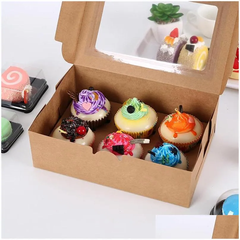 bread box kraft paper cupcake box bakery cake container with insert display window dessert storage boxes party gift case