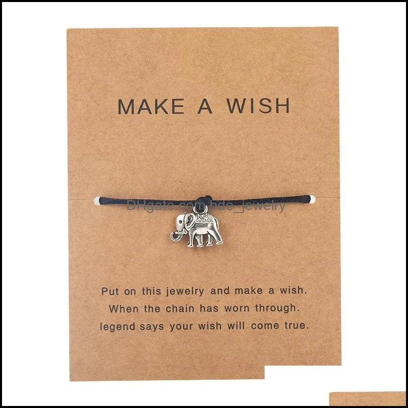 adjustable rope bracelet lucky black string make a wish paper card love tree elephant charm bracelets jewelry gift for women men