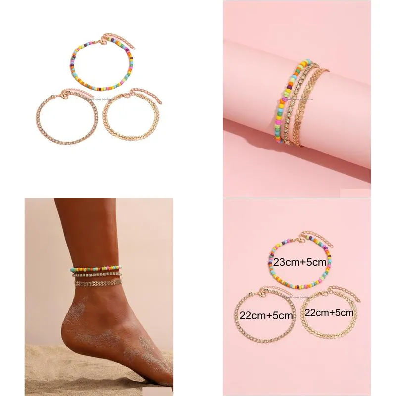 fashion jewelry vintage colorful beaded chain metal anklet set for woman rhinestone beads beach anklet 3pcs/set