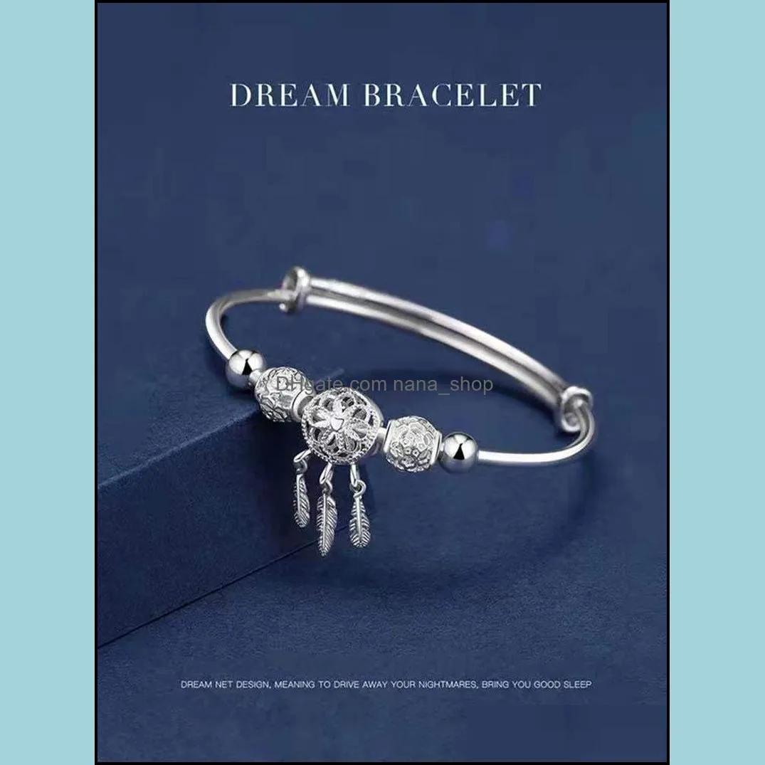 silver dreamcatcher tassel feather charm bracelet bangle for women fashion elegant jewelry accessories