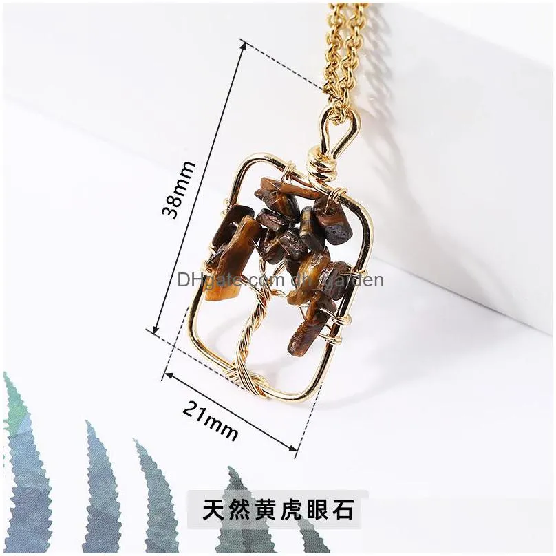 stone crystal charms necklaces copper twine tree of life wire wrap pendant amethyst tiger eye rose quartz wholesale jewelry for women